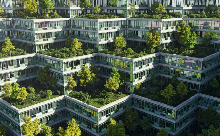 A sustainable green office or housing complex with roof gardens