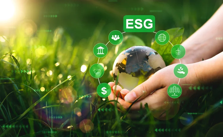 Environment social and governance in sustainable and ethical business. Hands holding crystal globe with ESG icons. Using technology of renewable resource to reduce pollution