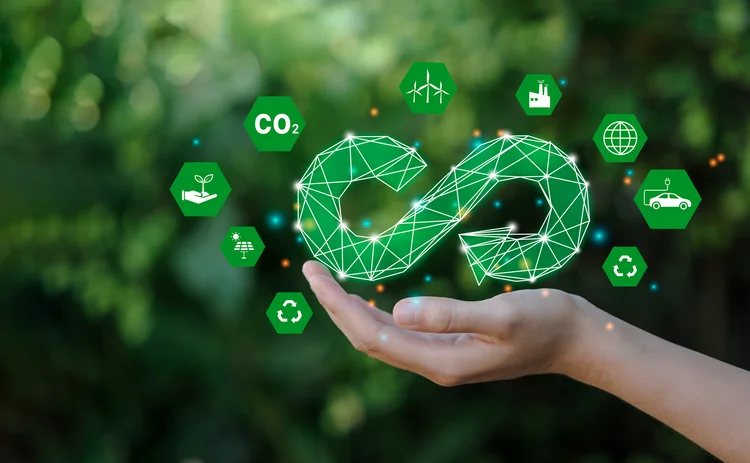 Hand hold the circular economy icon. The concept of eternity, endless and unlimited, circular economy for future growth of business and environment sustainable - stock photo