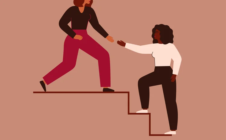 Women support each other. Two females rise up together on the stairs. Woman extends a helping hand to her friend. Woman helps her colleagues to climb career ladder. 